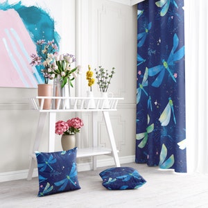 Window Curtains Dragonfly, Handmade Window Drapery, Flying Dragonflies Window Hanging, Blue Window Panel, Rod Pocket Curtains, C07