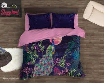 Peacock Bedding Set, Duvet Cover Set Bohemian Bird, Peafowl Bedding, Custom Comforter Set, Cotton Bed Sheets, B138