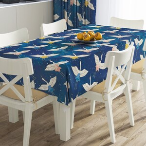 Blue Crane Napery, Bird Tablecloth, Crane Pattern Table Runners, Dining Room Set, Handmade Table Napkin, Table Coverings, T05