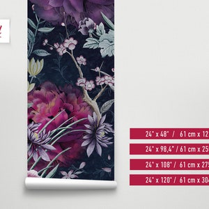 May include: A dark blue floral wallpaper with pink, purple, and white flowers. The wallpaper is available in four sizes: 24" x 48", 24" x 98.4", 24" x 108", and 24" x 120".