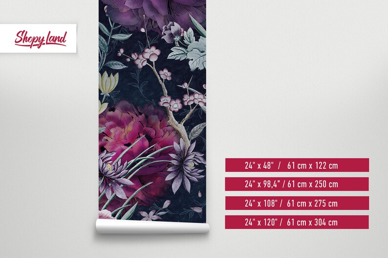May include: A dark blue floral wallpaper with pink, purple, and white flowers. The wallpaper is available in four sizes: 24" x 48", 24" x 98.4", 24" x 108", and 24" x 120".