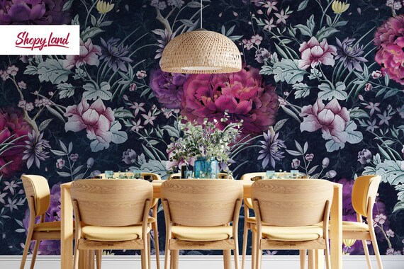 Peony Blossom Wall Mural – Peel and Stick or Traditional Wallpaper – Large Removable Flower Mural – Dark Floral Wall Decor by ShopyLand, W22