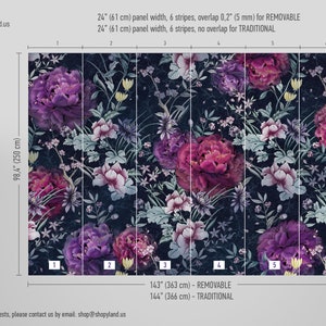 May include: A floral wallpaper mural with a dark blue background and pink, purple, and white flowers. The mural is 98.4 inches tall and 143 inches wide. The mural is available in two styles: removable and traditional.