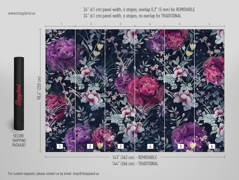 May include: A floral wallpaper mural with a dark blue background and pink, purple, and white flowers. The mural is 98.4 inches tall and 143 inches wide. The mural is available in two styles: removable and traditional.