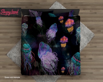 Copripiumino con meduse – Copriletto con oceano – Piumino con animali delle profondità marine – Biancheria da letto con animali marini – Lenzuola e copriletto personalizzati di ShopyLand, B119