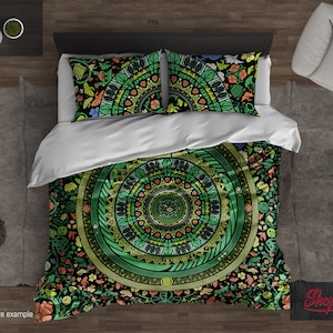Zen Garden Bedding Set – Green Botanical Mandala Duvet Cover – Boho Comforter – Spiritual Energy Bed Sheets by ShopyLand, B118
