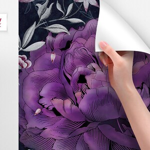 May include: Purple floral wallpaper with a dark background and a large purple flower in the center. The wallpaper has a vintage, hand-drawn style.