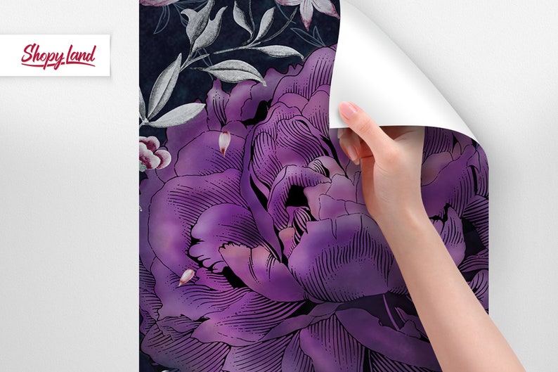 May include: Purple floral wallpaper with a dark background and a large purple flower in the center. The wallpaper has a vintage, hand-drawn style.