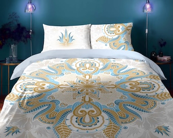 White Mandala Duvet Cover – Bohemian Comforter Set – Luxury Boho Chic Bedding – Custom Order Bed Sheets & Pillow Shams by ShopyLand, B21
