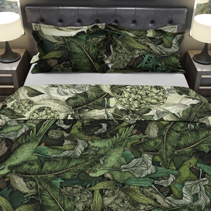 Reversible Tropical Leaves Bedding Set - Exotic Pattern Duvet Cover or Bedspread - Jungle Decor Art by ShopyLand, RB-03