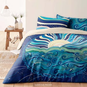 Bohemian Bedding Set – Sea Sun Duvet Cover & Vintage Comforter – Custom Ocean Waves Bed Sheets for Cozy, Artistic Bedroom by ShopyLand, B186