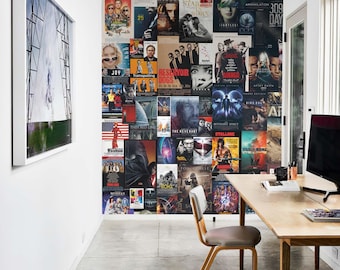 Movie Poster Collage Wallpaper / Vintage Home Theater Decor / Classic Film Posters Mural