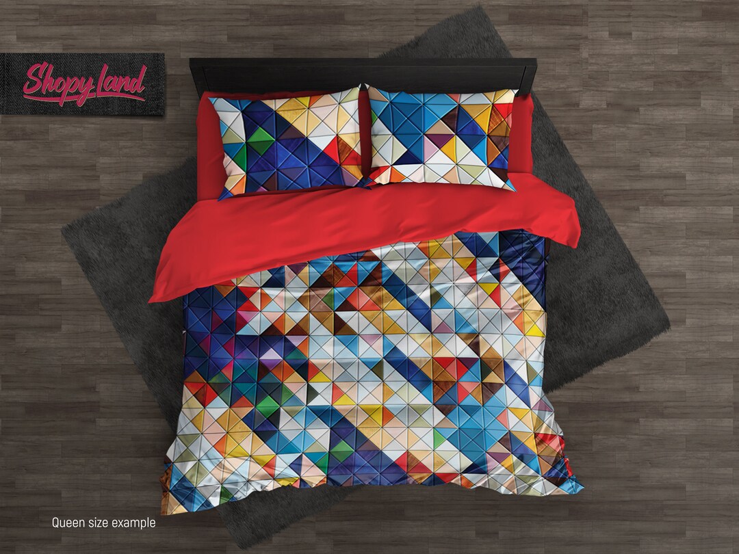 Wood Tiles Bedding Set, Retro Geometric Comforter, Vintage Duvet Cover