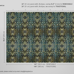 May include: A removable wallpaper mural with a mosaic pattern in shades of blue, green, and gold. The mural is 98.4 inches tall and 143 inches wide. The text "24" (61 cm) panel width, 6 stripes, overlap 0.2" (5 mm) for REMOVABLE" is visible at the top of the image. The text "143" (363.5 cm) - REMOVABLE" is visible at the bottom of the image.
