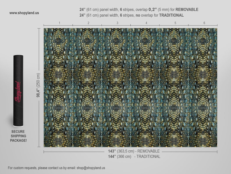 May include: A removable wallpaper mural with a mosaic pattern in shades of blue, green, and gold. The mural is 98.4 inches tall and 143 inches wide. The text "24" (61 cm) panel width, 6 stripes, overlap 0.2" (5 mm) for REMOVABLE" is visible at the top of the image. The text "143" (363.5 cm) - REMOVABLE" is visible at the bottom of the image.