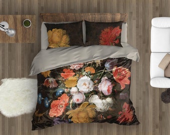 Duvet Cover Dutch Flowers, Bedding Set Oil Flowers, Handmade Comforter Set, Floral Bed Sheets, B172
