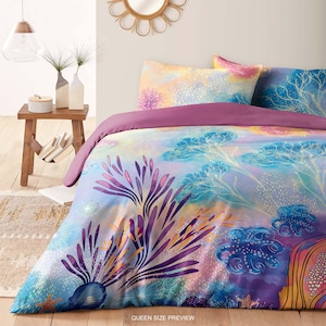 Sea Life Duvet Cover Set – Coral Reef Floral Bedding – Ocean Themed Bed Sheets – Coastal Bedroom Style by ShopyLand, B216