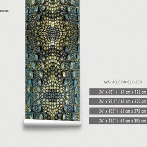May include: Crocodile skin patterned wallpaper with a blue, green, and gold color scheme. Available panel sizes are 24" x 48", 24" x 98.4", 24" x 108", and 24" x 120".