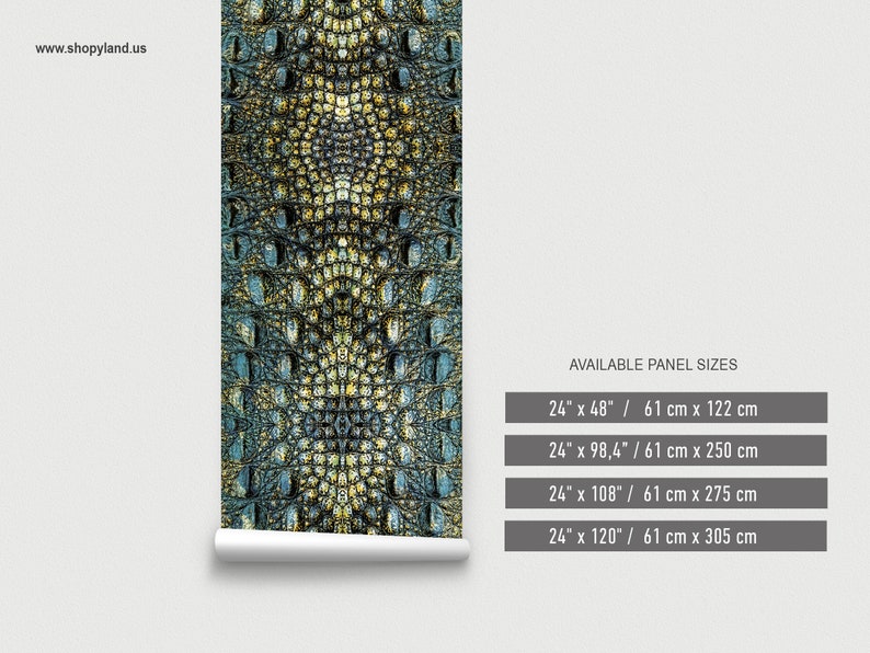 May include: Crocodile skin patterned wallpaper with a blue, green, and gold color scheme. Available panel sizes are 24" x 48", 24" x 98.4", 24" x 108", and 24" x 120".