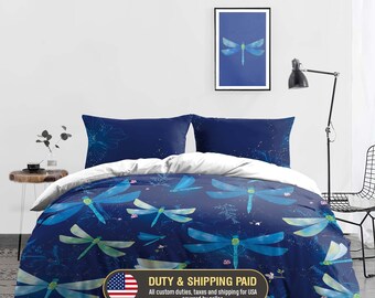 Dragonfly Bedding Set – Midnight Garden Duvet Cover – Botanical Nature Bedroom Decor, 198