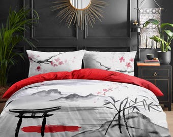 Asian Style Bedding Set - Sakura Tree Duvet Cover - Japanese Cherry Blossom Comforter Set - Personalized Bed Sheets by ShopyLand, B236