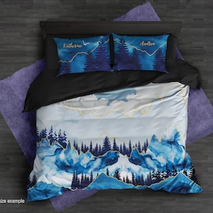 The Mountain Duvet Cover, Farmhouse Bedding Set, Comforter Set by ShopyLand, Blue Mountain Bed Covering, B251