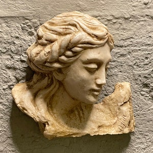 May include: Off-white relief sculpture of a woman's face with flowing hair and a serene expression. The sculpture is mounted on a textured surface, showcasing classical art. The sculpture has a detailed depiction of facial features.