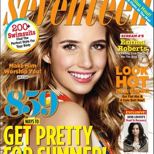 May include: A magazine cover with the word "Seventeen" in orange. The cover features a smiling woman with long hair. Text includes "Get Pretty for Summer!" and "Look Hot in a Bikini."