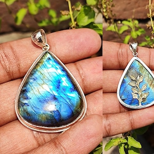 LABRADORITE blue fire pandent 925 sterling silver, wholesale beautiful natural blue Labradorite silver pandent tree of life charm on back