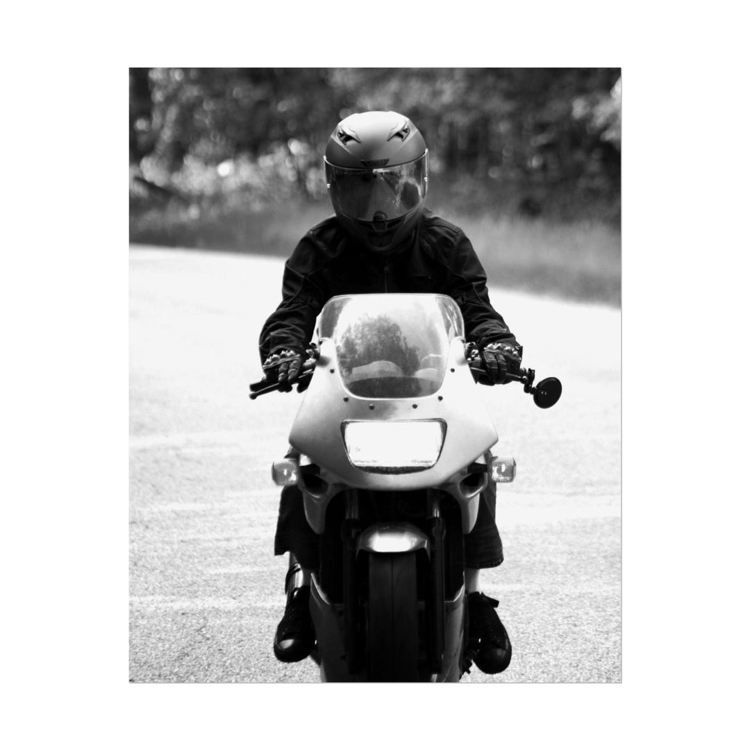 Black & White Biker in Full Gear Riding Motorcycle Photography Poster ...