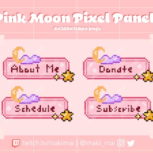 8x Cute Moon & Stars Twitch Panel Stream Pack ~ 8bit Pixel Art ~ Pink Variant