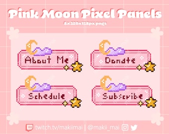 8x Cute Moon & Stars Twitch Panel Stream Pack ~ 8bit Pixel Art ~ Pink Variant