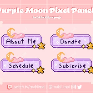 8x Cute Moon & Stars Twitch Panel Stream Pack ~ 8bit Pixel Art ~ Purple Variant