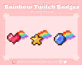 Cute Rainbow Twitch Badge Stream Pack ~ 8bit Pixel Art ~ Bits/Subscriber Badges