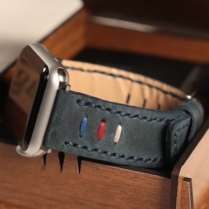 Personalized Hand Stitched Apple Watch Band , Blue, Custom Hand Made Apple i-Watch Band, Apple Watch 10, 46mm, 42mm, 44mm, 45mm, 41mm
