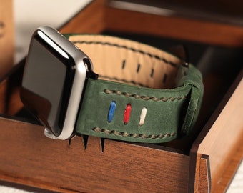 Green Leather Band, Compatible with Apple Watch, Custom Engraved Watch Strap, Fits Series 11 10 Ultra 2, 49mm 46mm 45mm 44mm 42mm 41mm 40mm
