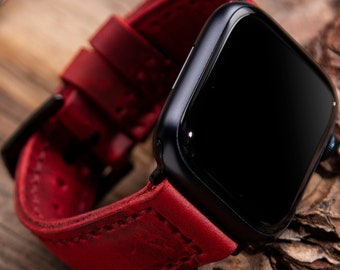 Correa de cuero rojo hecha a mano para Apple Watch, 38 mm, 40 mm, 42 mm, 44 mm, 45 mm / Series 8 7 6 5 4 SE Ultra / Correa para Apple Watch / Correa para iWatch grabada