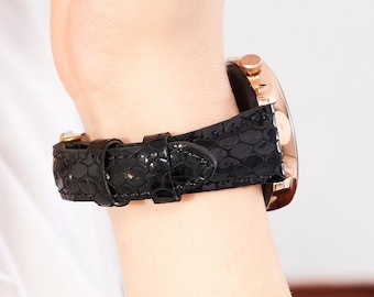 Womens Black Leather Watch Band, Compatible with Galaxy Watch 8 7 6 5 4 Ultra Classic Active Gear 40mm 42mm 44mm Strap