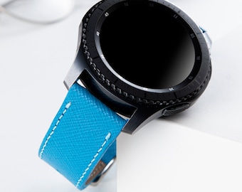 Blue Leather Band, Fits Galaxy Watch Ultra 2 8 7 6 5 4 Classic Gear Active 44mm 46mm