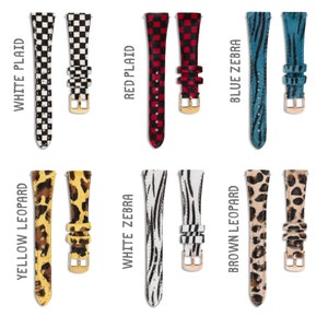 Puede incluir: Ocho estilos diferentes de correas de reloj, incluyendo blanco a cuadros, rojo a cuadros, cebra azul, leopardo amarillo, cebra blanca y leopardo marr&oacute;n. Cada correa se muestra en pareja, con una correa a la izquierda y la otra a la derecha.