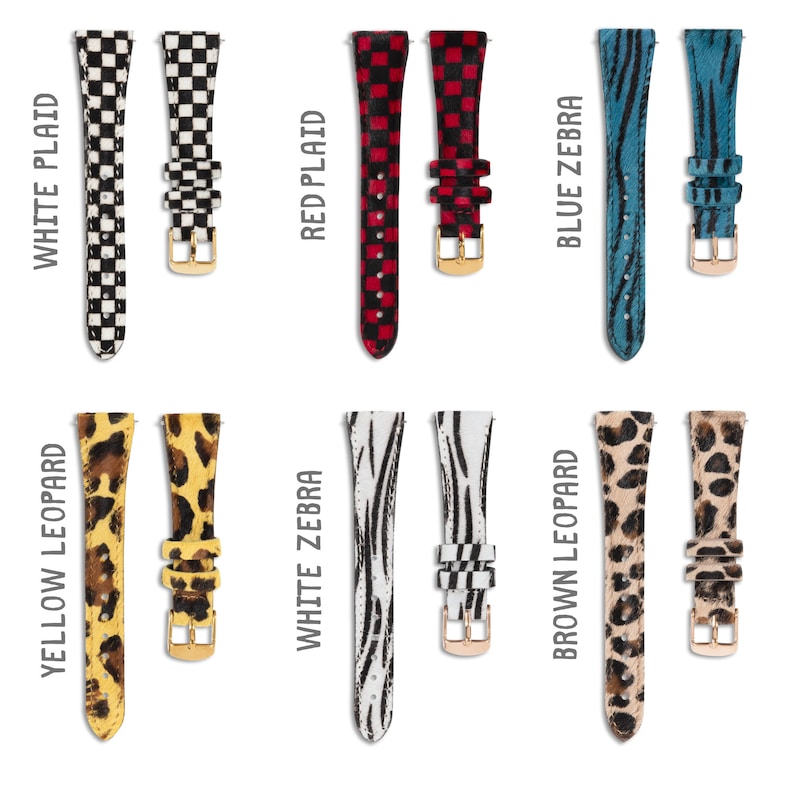 Puede incluir: Ocho estilos diferentes de correas de reloj, incluyendo blanco a cuadros, rojo a cuadros, cebra azul, leopardo amarillo, cebra blanca y leopardo marr&oacute;n. Cada correa se muestra en pareja, con una correa a la izquierda y la otra a la derecha.