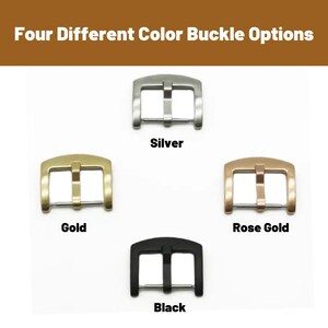 May include: Four watch buckle options in silver, gold, rose gold, and black.