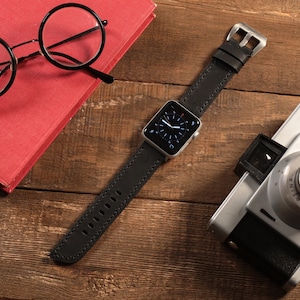 Black Apple Watch Band, Custom Engraving Option, Leather, Strap Band, 38mm, 40mm, 41mm, 42mm, 44mm, 45mm, Custom Leather