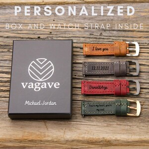 May include: A black box with the words "vagave" and "Michael Jordan" printed on it. Four leather watch straps with personalized engravings are displayed on a wooden surface. The engravings read "I love you", "12.11.2021", "Daniel&Arya", and "You're my heart, you're my soul".