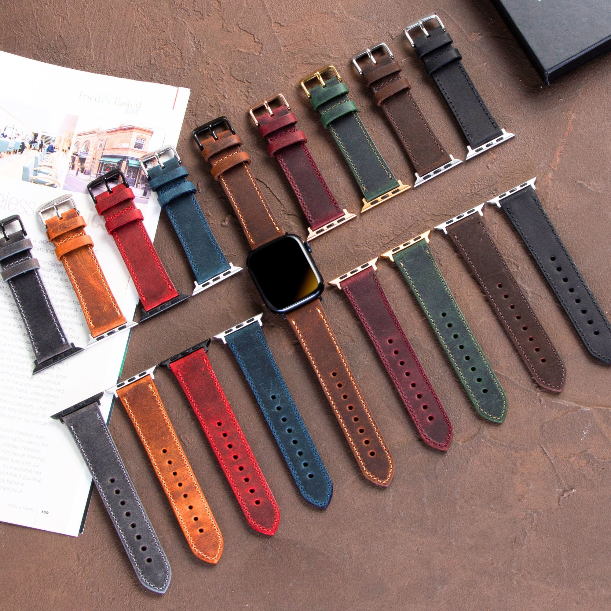 レザーウォッチバンド、Apple Watch対応、シリーズ11、10、9、8、Ultra 