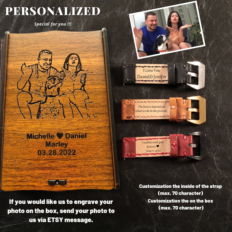May include: A wooden box with a personalized engraved image of a couple. The box is decorated with a brown leather strap with the text "The future depends on what we do in the present." The box is a personalized gift for a couple.