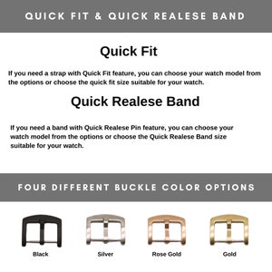 May include: Four different buckle color options for a watch band: black, silver, rose gold, and gold. The text "Quick Fit & Quick Realese Band" is at the top of the image. The text "Quick Fit" and "Quick Realese Band" are in the middle of the image. The text "Four Different Buckle Color Options" is at the bottom of the image.