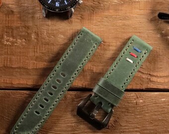 Bracelet de montre personnalisé Omega Rolex Hamilton Orient Seiko Fossil Green Leather Strap, 20mm, 22mm, dégagement rapide, FAIT MAIN, cuir véritable