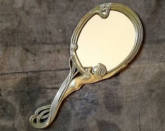 Miroir à main Art nouveau Miroir à main français Miroir de courtoisie en laiton