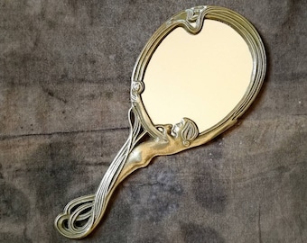 Espejo de mano de latón estilo Art Nouveau, espejo de tocador francés con diseño floral.